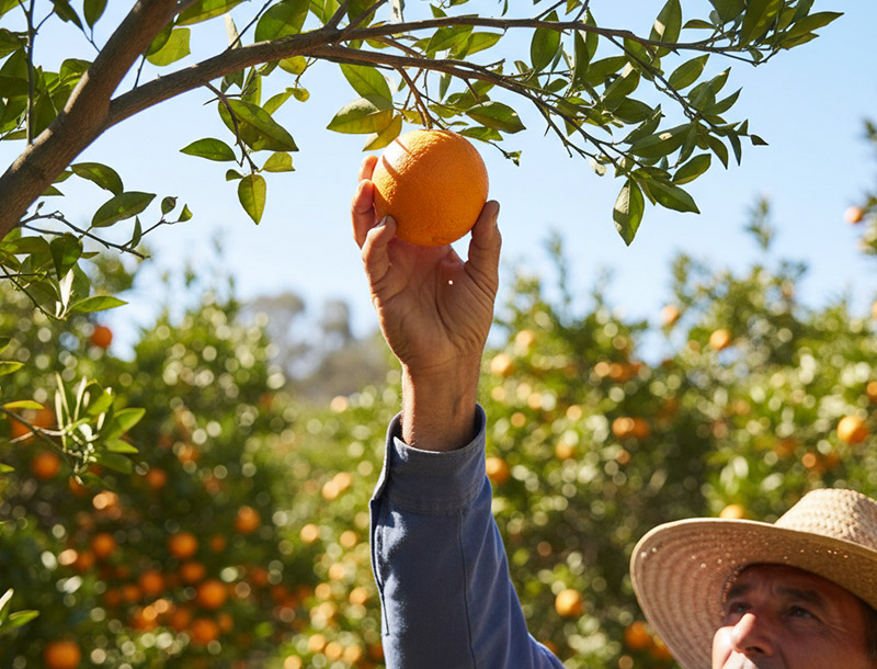 Hombre cogiendo una naranja